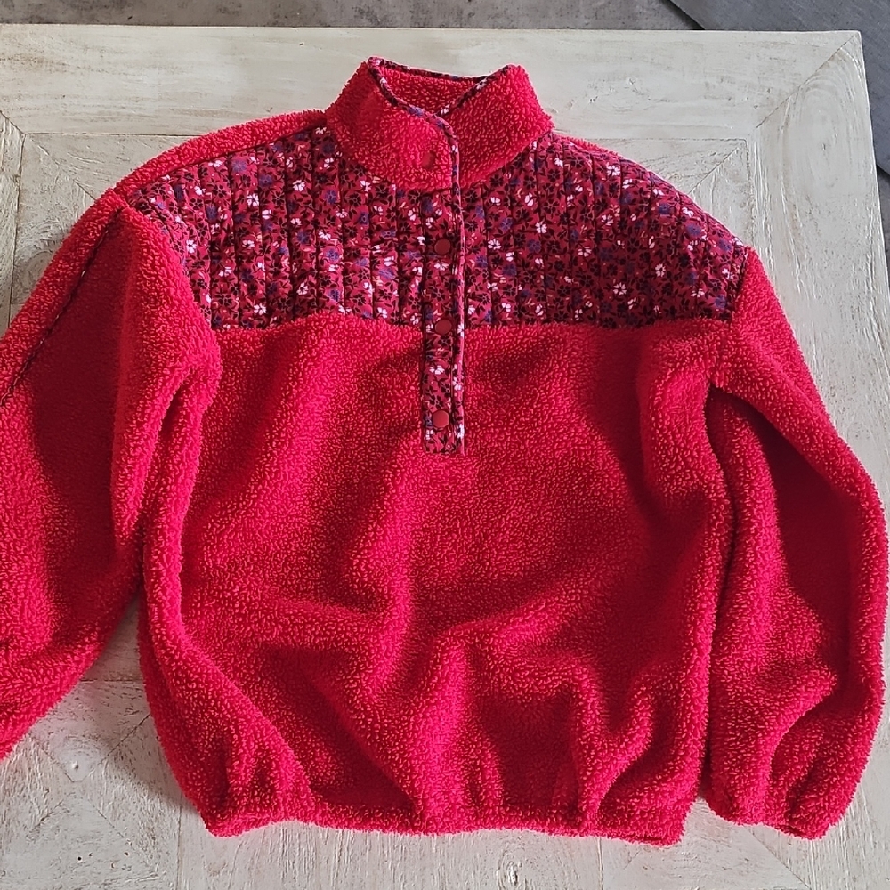 LOFT Red Cowl Neck Sweater with Floral Yoke